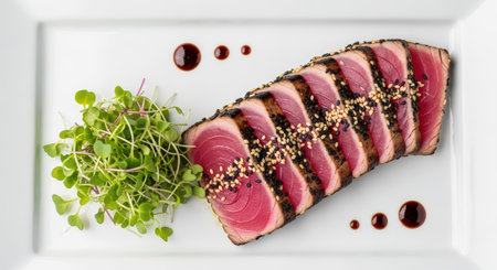 Sliced seared tuna with microgreens and sesame seeds on white plateの素材
