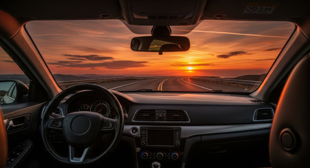 Scenic sunset view from inside a car on an open roadの素材