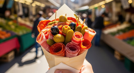 Assorted meat and olive cone held in market settingの素材
