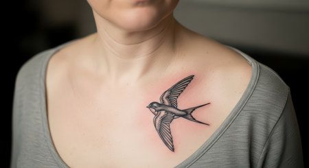 Young adult female with swallow tattoo on shoulder wearing gray topの素材