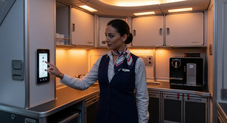 Female flight attendant using control panel in airplane kitchenの素材