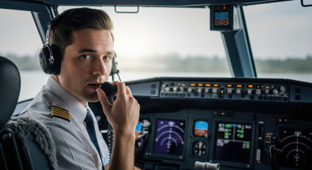 Young caucasian male pilot communicating in cockpit of commercial airplaneの素材
