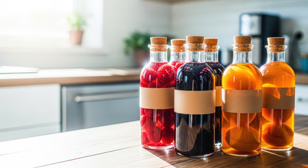 Colorful bottles of homemade fruit juices on sunny kitchen counterの素材