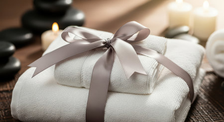 Luxury spa essentials: towels, candles, and zen stones for relaxationの素材