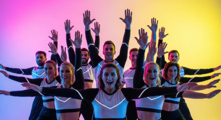 Group of diverse young adults in cheerful dance pose with colorful backdropの素材
