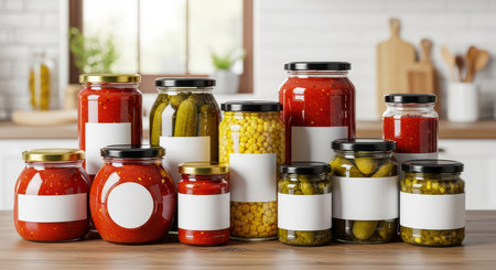 Assorted jars of pickles, sauces, and corn on kitchen counterの素材