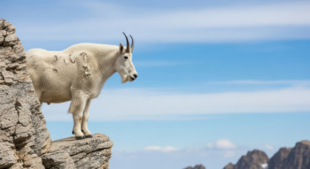Mountain goat perched on rocky cliff in alpine landscapeの素材