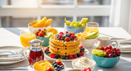 Delicious fruit breakfast with waffles, juice, and syrup on a sunny morning tableの素材