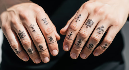 Caucasian adult hands with symbolic finger tattoos in black inkの素材