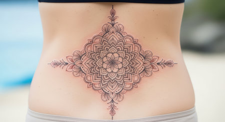 Intricate mandala tattoo with geometric design on caucasian female backの素材