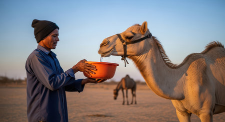 Young hispanic male feeding camel in desert during sunsetの素材