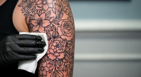 Floral arm tattoo: intricate black ink art on young caucasian maleの素材