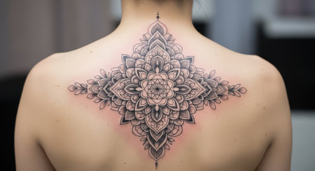 Intricate geometric mandala tattoo on woman's backの素材
