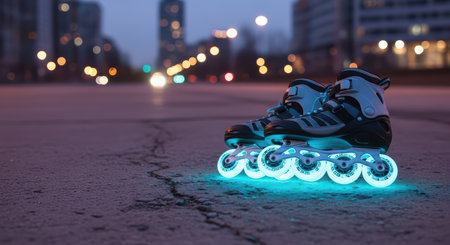 Glowing rollerblades on urban street at dusk with blue led wheelsの素材