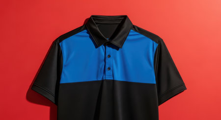 Black and blue polo shirt on red backgroundの素材