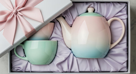 Elegant pastel teapot and cup set in gift box with pink bow on silk liningの素材