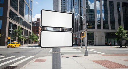 Blank street signs on urban intersection with skyscrapers and yellow taxiの素材