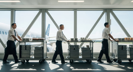 Caucasian male airport staff with trolleys preparing inflight meals at terminalの素材
