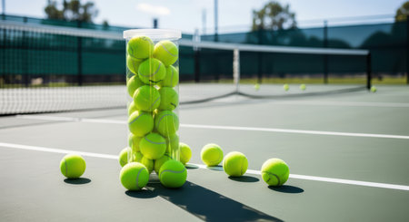Tub of tennis balls on outdoor court with net in backgroundの素材