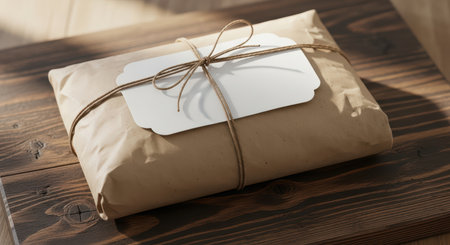 Wrapped parcel on wooden surface with blank label for messageの素材