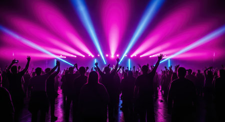 Vibrant concert crowd celebrating with colorful lights and music atmosphereの素材