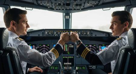 Two caucasian male pilots fist bumping in airplane cockpitの素材