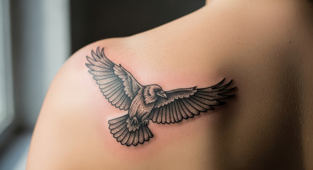 Female caucasian young adult with detailed black raven tattoo on shoulderの素材