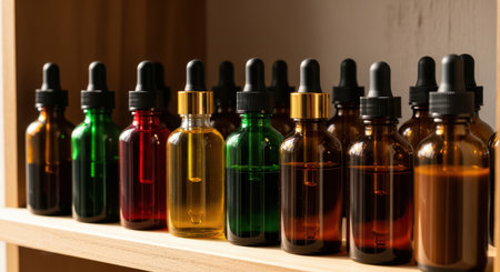 Assorted amber and multicolored dropper bottles on wooden shelfの素材