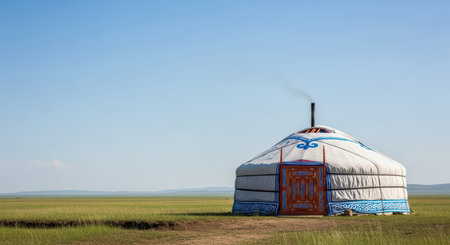 Traditional mongolian yurt in vast green plain under clear blue skyの素材