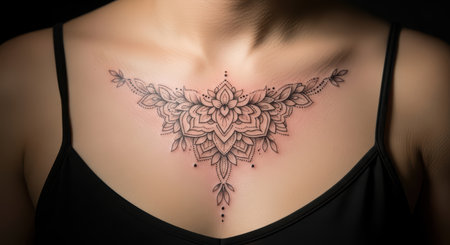 Intricate floral chest tattoo on female asian adult in black topの素材