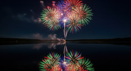 Vibrant fireworks exploding over calm lake at night with stunning reflectionsの素材