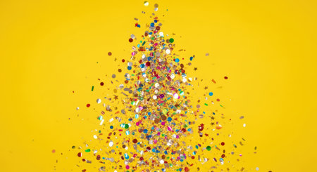 Colorful confetti explosion against vibrant yellow backgroundの素材