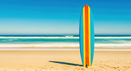 Colorful surfboard on sunny beach with blue ocean waves in backgroundの素材