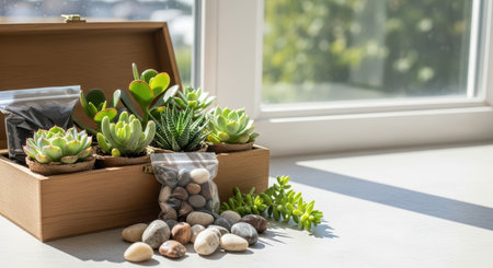 Box of succulents and pebbles on sunny windowsill with vibrant greeneryの素材