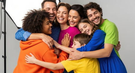 Diverse group hugging and smiling with joyful energyの素材