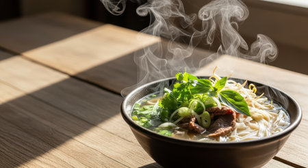 Steaming bowl of vietnamese pho with herbs and noodles on wooden tableの素材