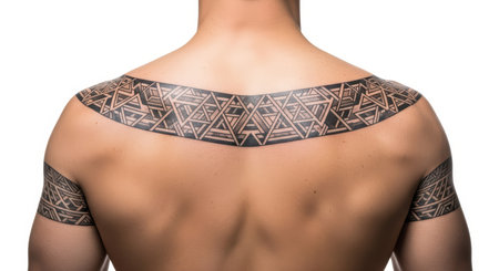 Male with geometric tribal shoulder and arm tattoos displaying intricate artworkの素材