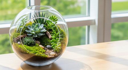 Glass terrarium with succulents and moss on sunny wooden table near windowの素材