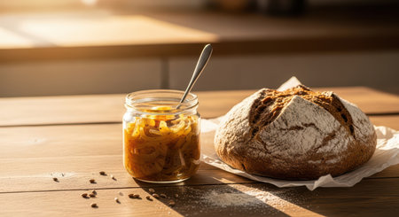 Rustic sourdough bread and onion marmalade in sunlit kitchen settingの素材
