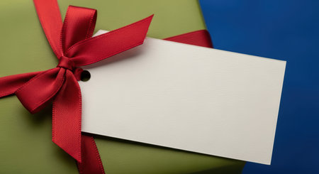 Green gift box with red ribbon and blank tag on blue backgroundの素材