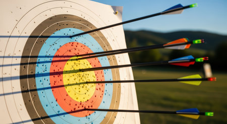 Close-up of archery target with multiple arrows at sunset in outdoor fieldの素材