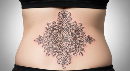Intricate mandala tattoo on female caucasian adult stomachの素材
