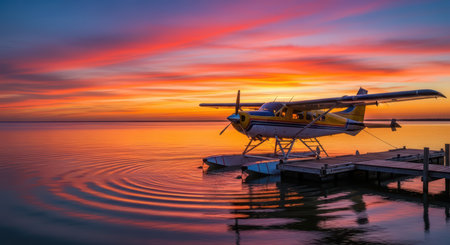 Vibrant sunset scene with seaplane docked on tranquil lakeの素材