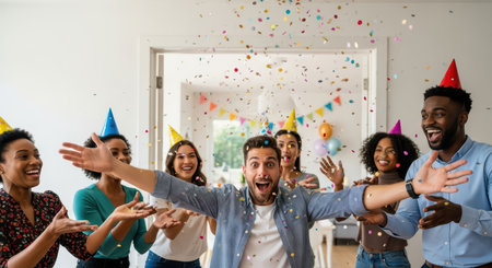 Diverse adult group celebrating birthday with laughter and confetti indoorsの素材