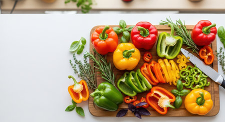 Fresh colorful bell peppers and herbs on cutting board for healthy cookingの素材