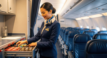 Asian female flight attendant preparing beverage service in airplane cabinの素材