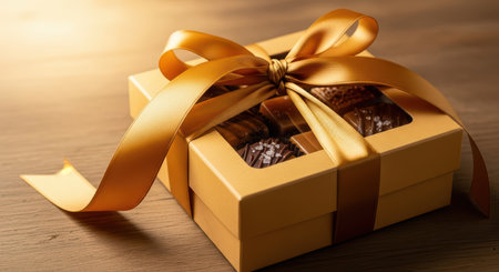 Elegant gold gift box with ribbon and assorted chocolates on wooden tableの素材
