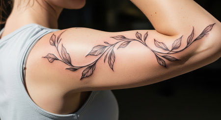 Female with leaf tattoo on upper arm in sleeveless topの素材