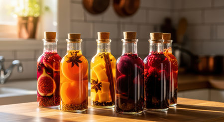 Colorful bottled infused liquor with fruits and spices on kitchen counterの素材