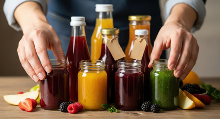 Colorful assorted fruit juices in jars with fresh berries and sliced apples on wooden tableの素材